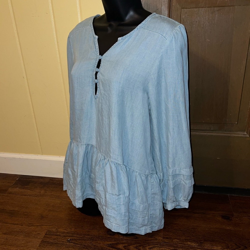 American Eagle Light Blue Tiered Peasant Top Long Sleeve Ruffled Blouse Size M - Picture 6 of 8